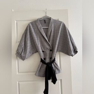 Zara Gray Plaid Double-Breasted Short Sleeve Blazer with Black Tie Size Medium